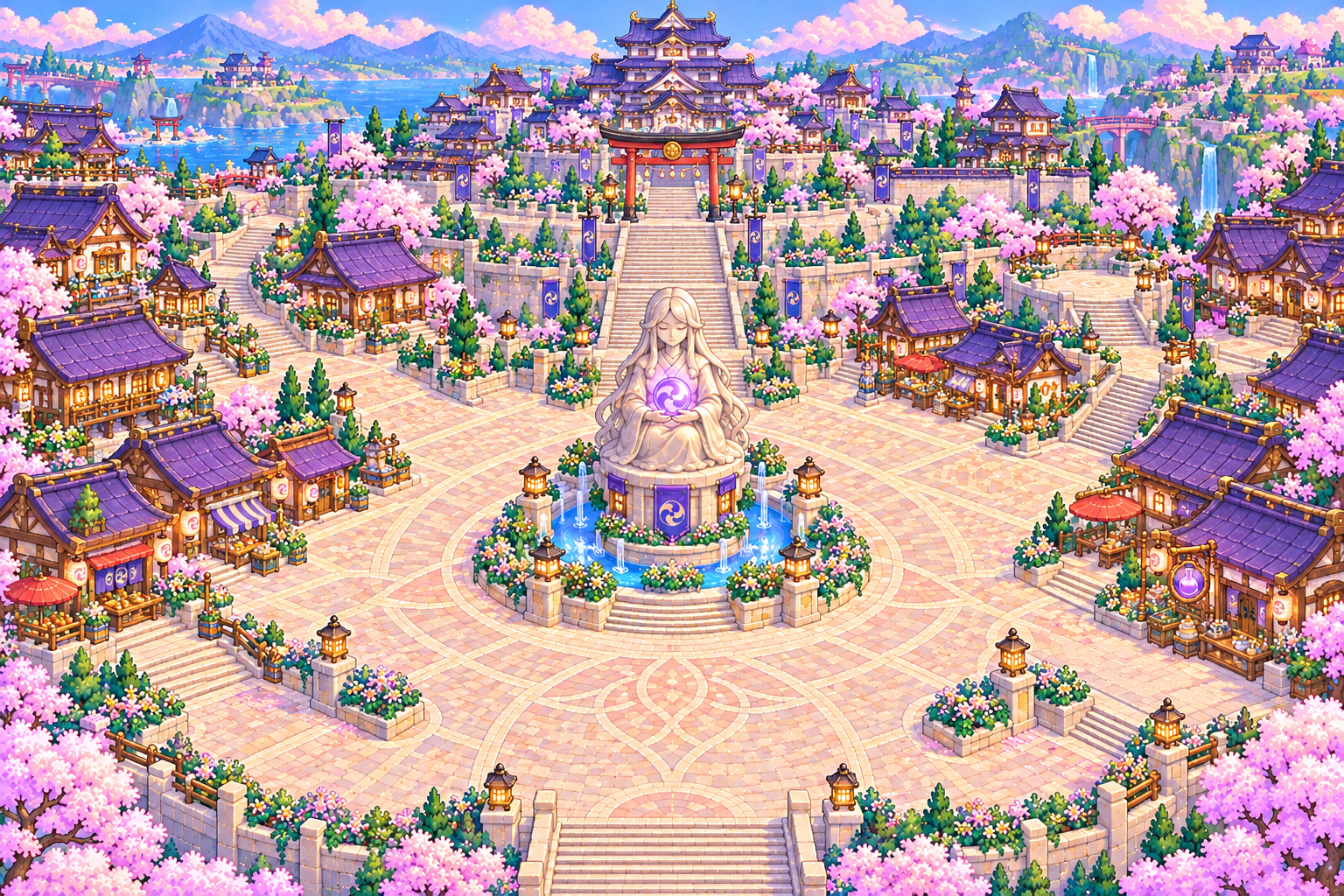 Sakura blossoms and the statue at Inazuma's plaza