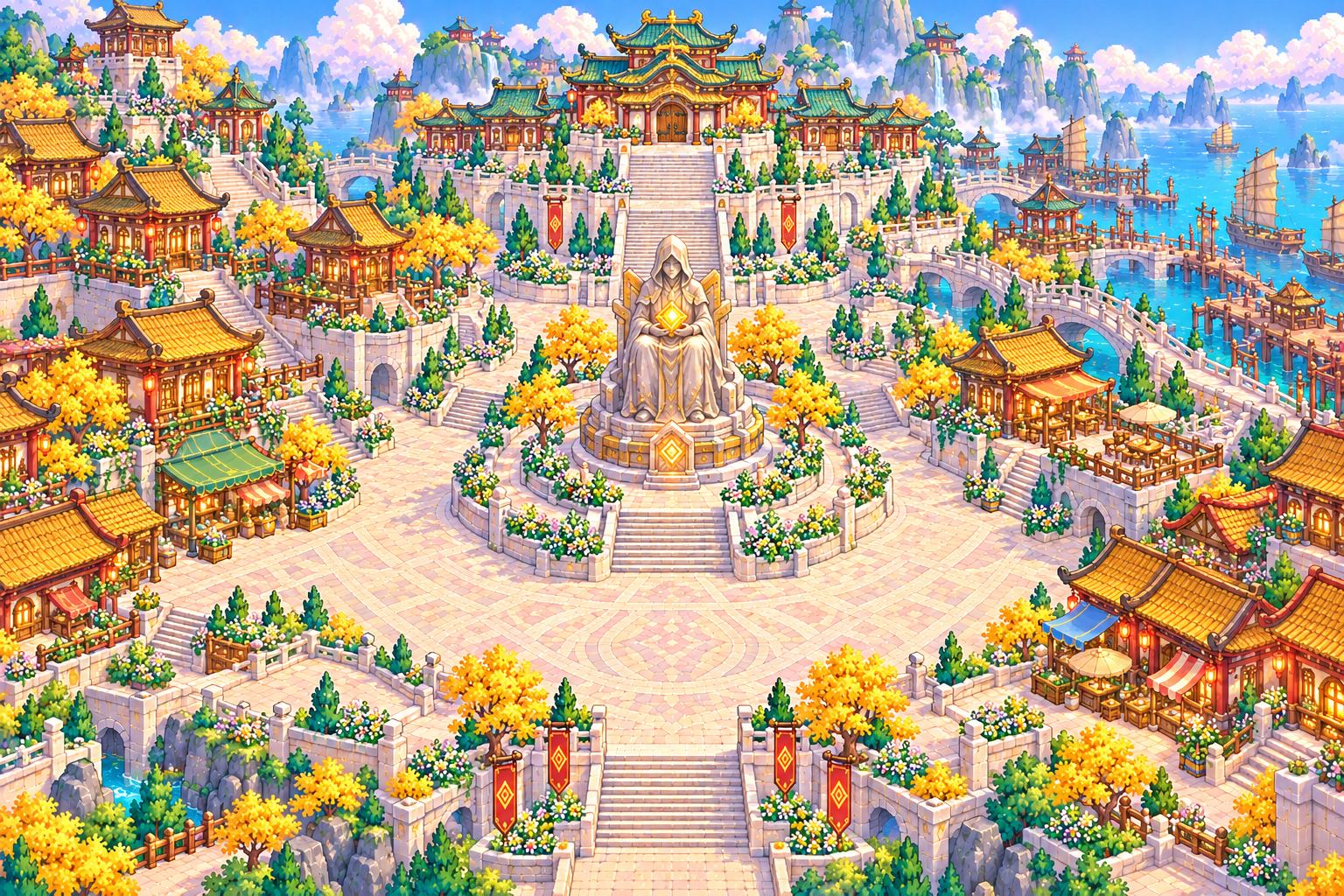 Golden trees and the central statue in Liyue