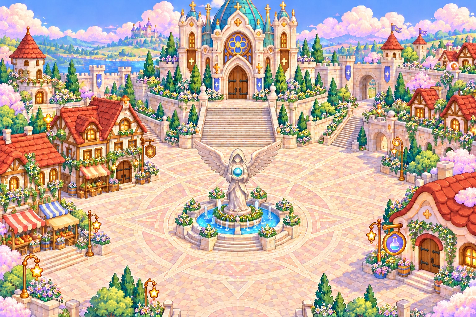 The cathedral and fountain of Mondstadt